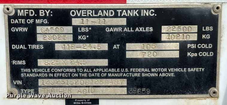 image for item DJ0895 2011 Overland acid tank trailer