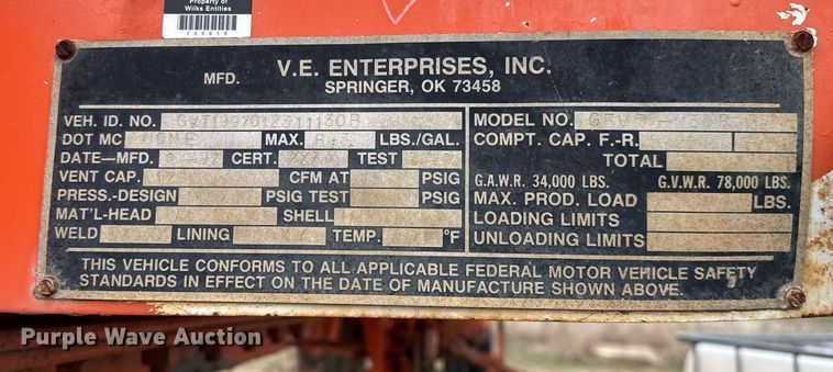 image for item DJ0911 1997 V.E. Enterprises Eagle GEVT-130B vacuum trailer