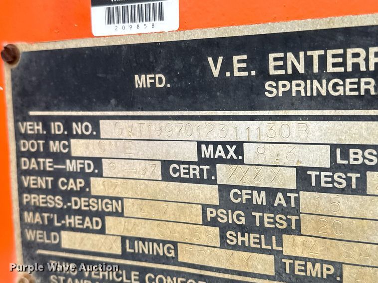 image for item DJ0911 1997 V.E. Enterprises Eagle GEVT-130B vacuum trailer