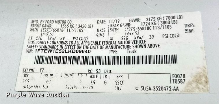 image for item DH9805 2020 Ford F150 XLT SuperCrew pickup truck