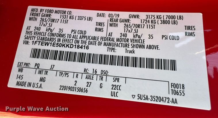 image for item DQ3189 2019 Ford F150 SuperCrew pickup truck