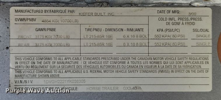 image for item DT7604 2000 Kiefer Built Genesis X-340 horse trailer