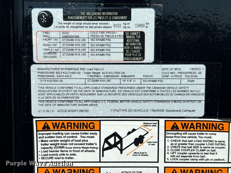 image for item EG2233 2023 Load Trail LLC equipment trailer