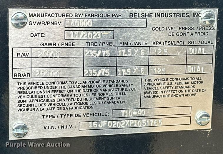 image for item EK0339 2023 Belshe T10-40 equipment trailer