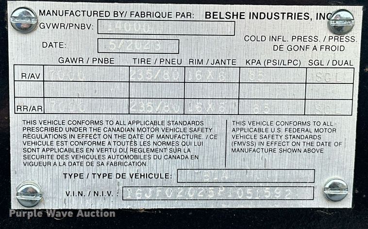 image for item EK0341 2023 Belshe TB14 tilt deck equipment trailer