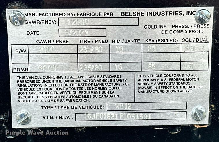image for item EK0342 2023 Belshe WB12 equipment trailer