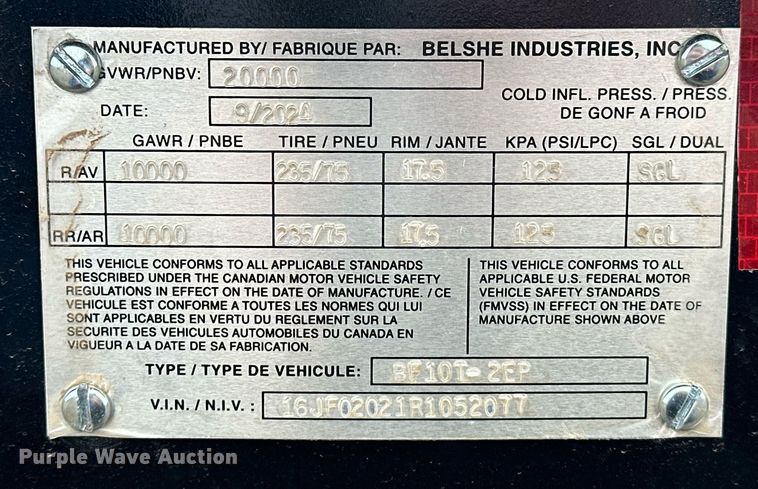 image for item EK0343 2024 Belshe BF10T-2EP equipment trailer