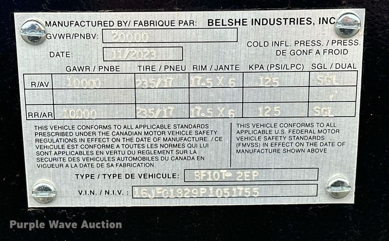 image for item EK0344 2023 Belshe BF10T-2EP equipment trailer