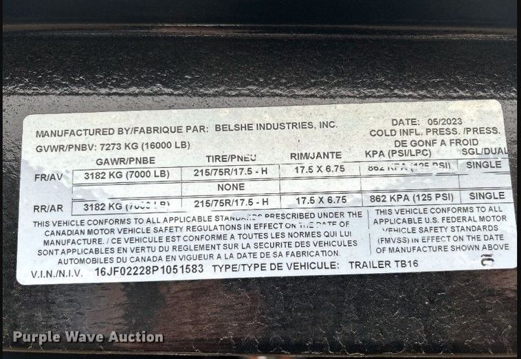 image for item EK0345 2023 Belshe TB16 tilt deck equipment trailer