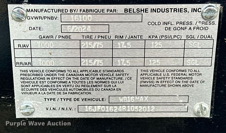 image for item EK0346 2024 Belshe WB16MAX equipment trailer