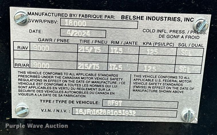 image for item EK0347 2024 Belshe BF9T equipment trailer