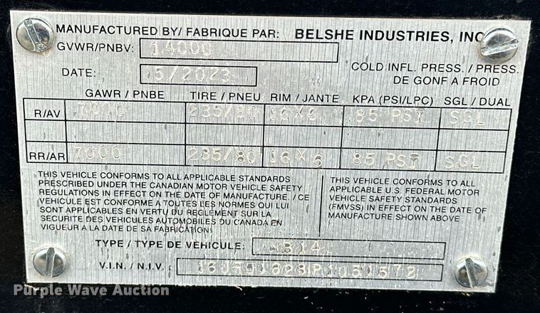 image for item EK0348 2023 Belshe WB14 equipment trailer