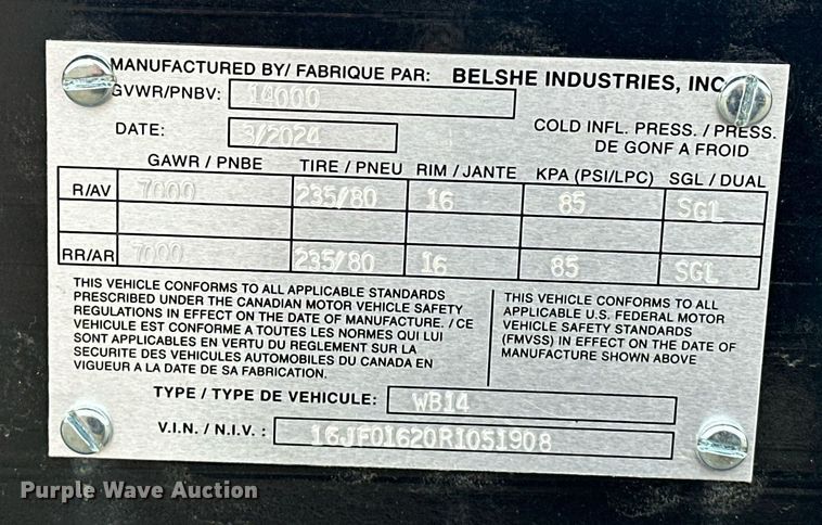 image for item EK0349 2024 Belshe WB14 equipment trailer