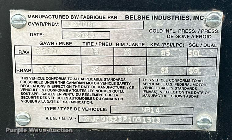 image for item EK0351 2023 Belshe WB14 equipment trailer