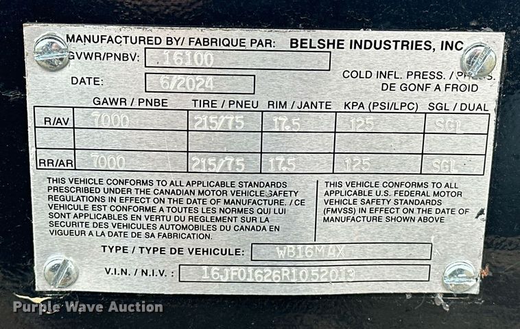 image for item EK0352 2024 Belshe WB16MAX equipment trailer