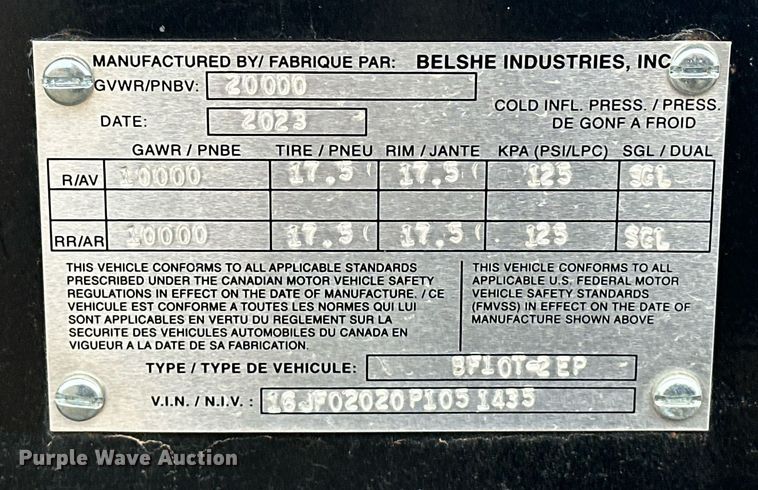 image for item EK0353 2023 Belshe BF10T-2EP equipment trailer