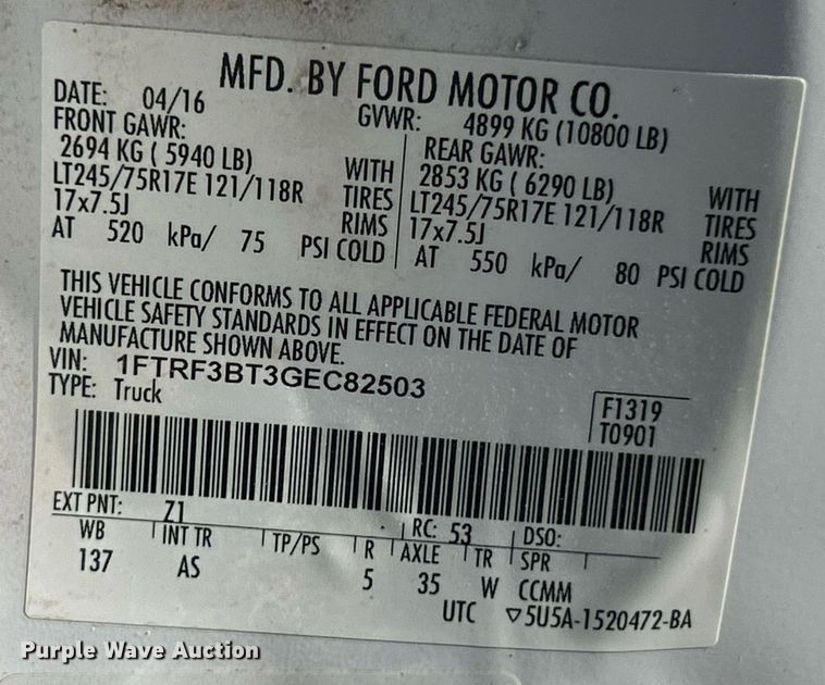 image for item EK2579 2016 Ford F350 Super Duty XL utility bed pickup truck