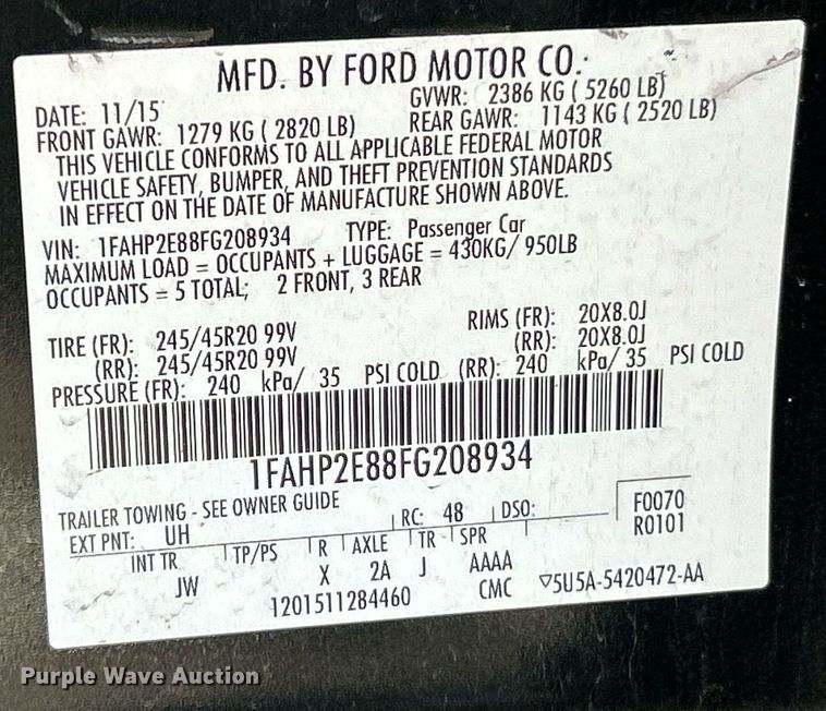 image for item EK2599 2015 Ford Taurus SEL 