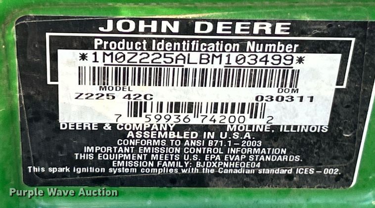 image for item EK2609 John Deere Z225 ZTR lawn mower
