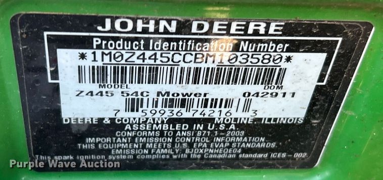 image for item EK2613 John Deere Z445 ZTR lawn mower