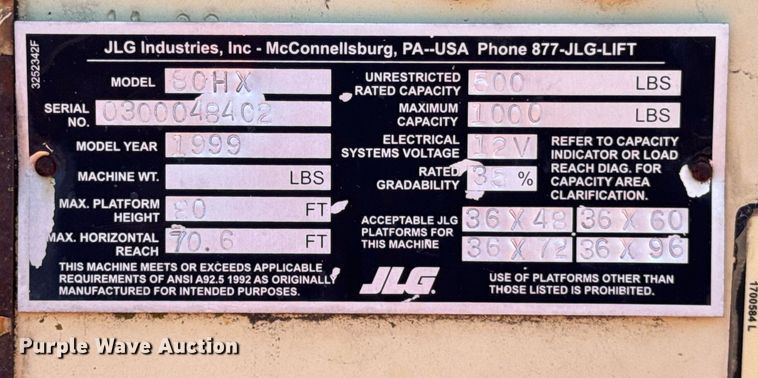 image for item DH9788 1999 JLG 80HX boom lift