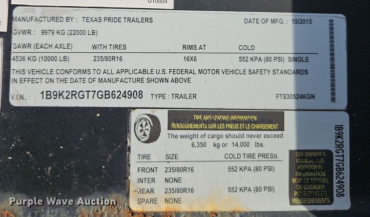image for item DT7603 2016 Texas Pride Trailers equipment trailer