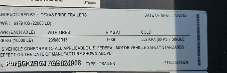 image for item DT7603 2016 Texas Pride Trailers equipment trailer
