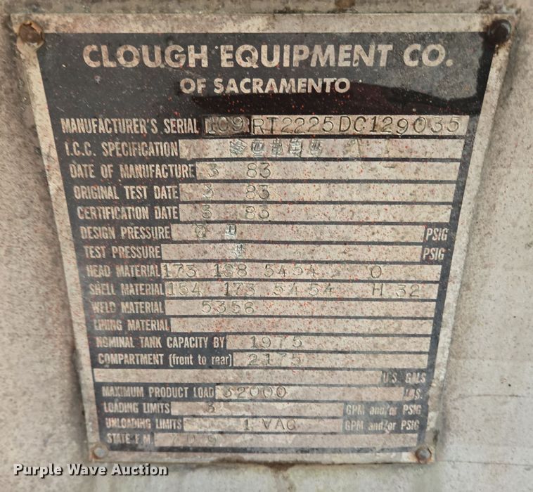 image for item EC3983 1983 Clough Equipment Co. tank trailer