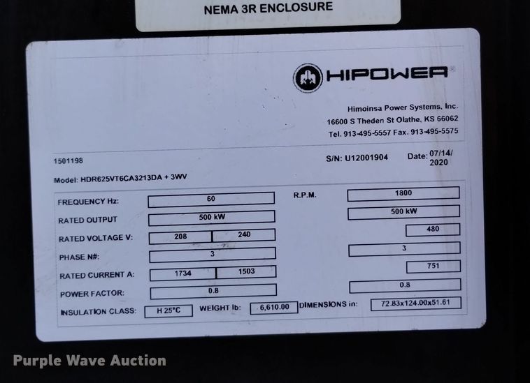 image for item EH0125 2020 Yanmar HDR625VT6CA3213DA 3WV generator