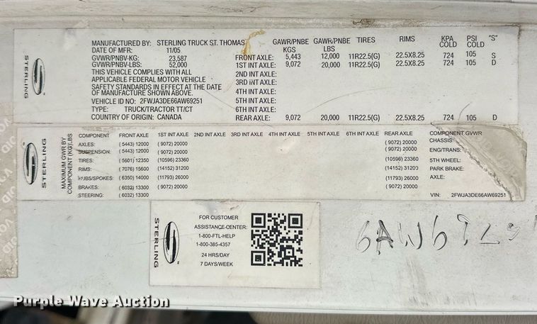 image for item EJ5268 2006 Sterling A9500 dump truck