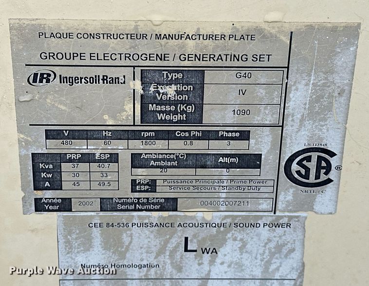 image for item ER4881 2002 Ingersoll Rand G40 generator