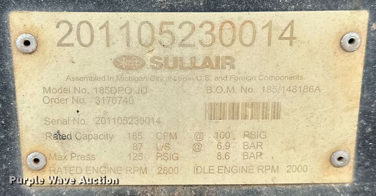 image for item LH9483 2011 Sullair 185DPQJD air compressor