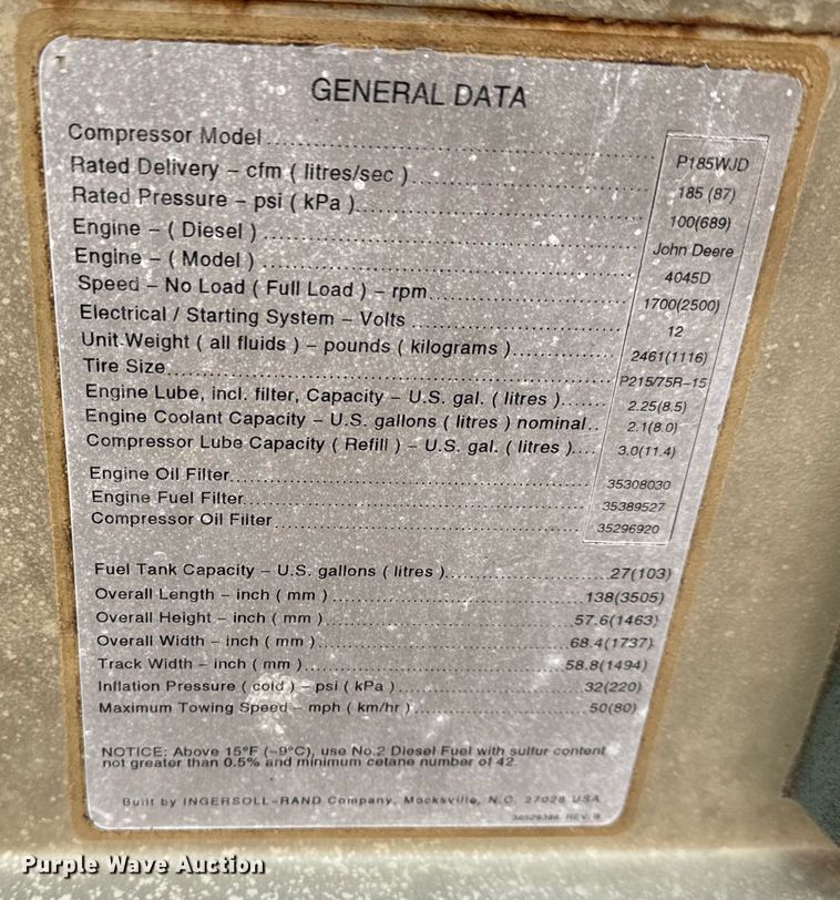 image for item LH9484 1997 Ingersoll-Rand  XP185WJD air compressor