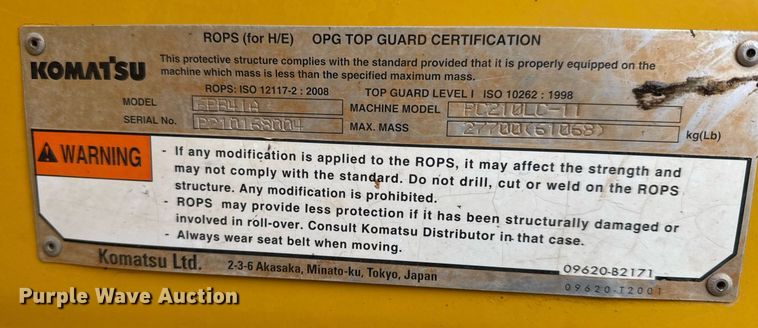 image for item LH9486 2017 Komatsu  PC210 LC-11 excavator