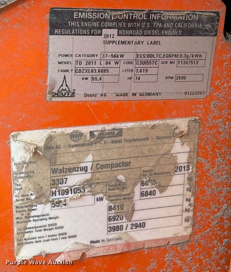 image for item OK9543 2013 Hamm 3307 single drum vibratory roller