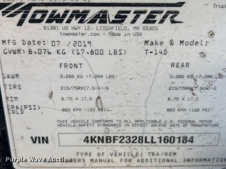 image for item YA0165 2020 Monroe Towmaster T-14D equipment trailer