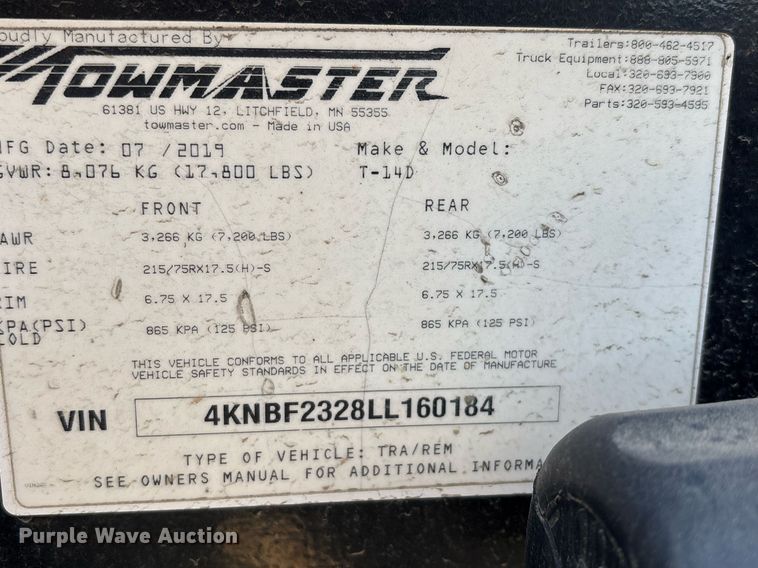 image for item YA0165 2020 Monroe Towmaster T-14D equipment trailer