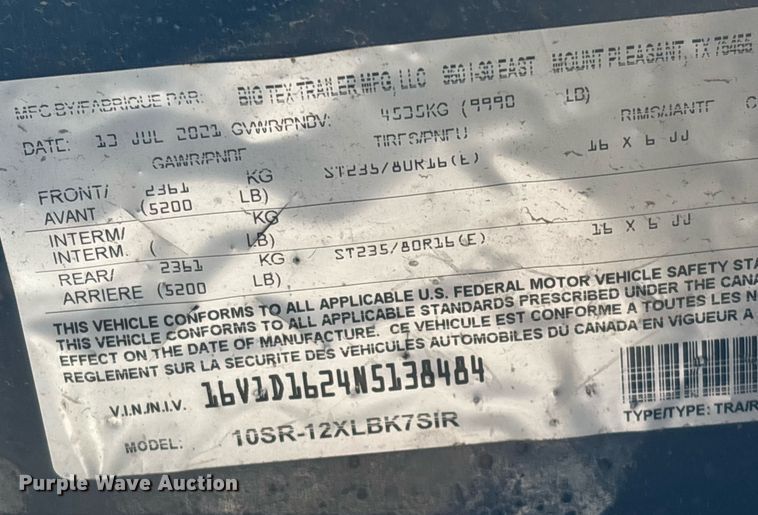 image for item YA0256 2022 Big Tex 10SR-12XLBK7SIR dump trailer