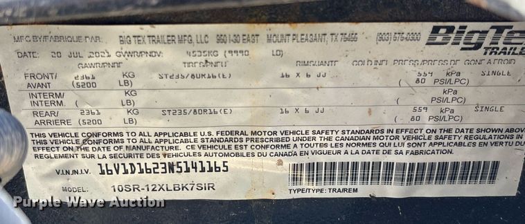 image for item YA0259 2022 Big Tex 10SR-12XLBK7SIR dump trailer