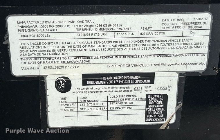 image for item DW3305 2017 Load Trail hydraulic tail equipment trailer