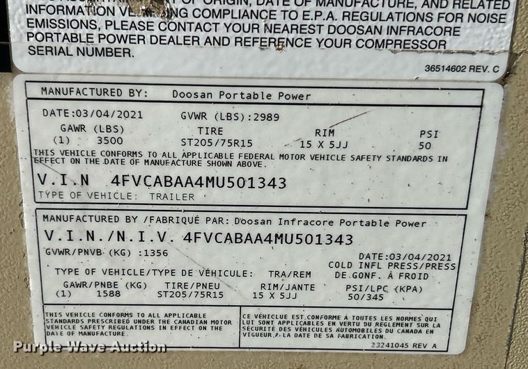 image for item DW3312 2021 Doosan P185WDO-T4F air compressor