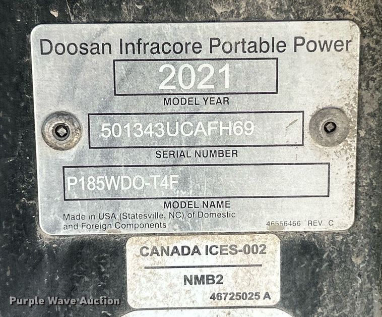 image for item DW3312 2021 Doosan P185WDO-T4F air compressor