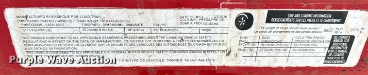 image for item DW3343 2016 Load Trail dump trailer