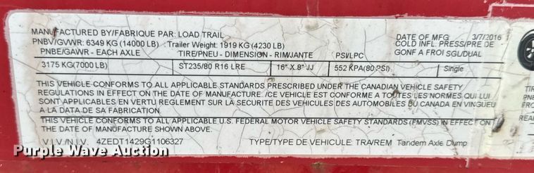 image for item DW3343 2016 Load Trail dump trailer