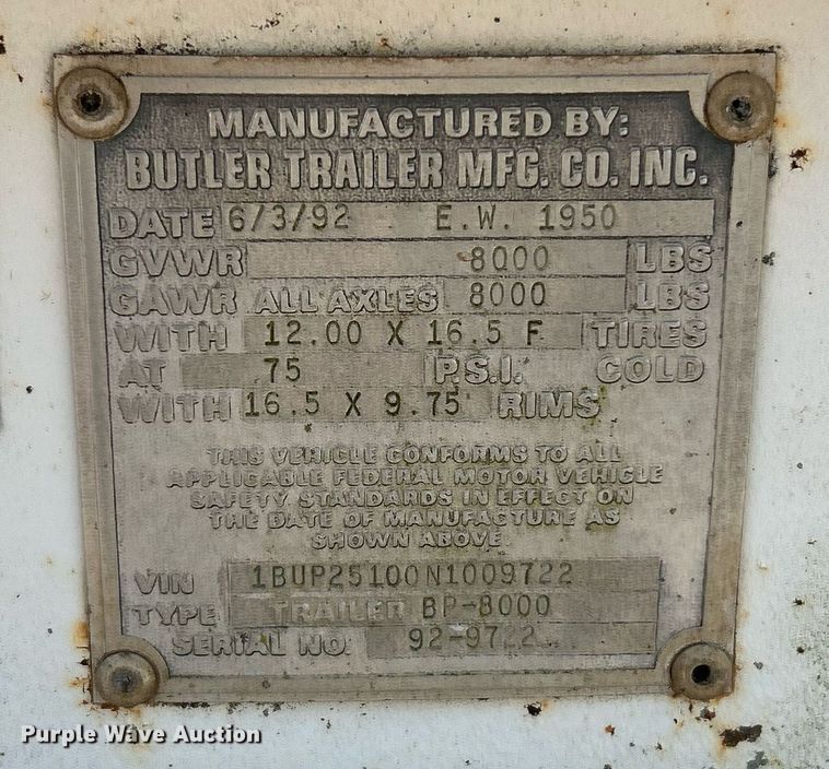 image for item DW3347 1992 Butler BP-8000 pole trailer