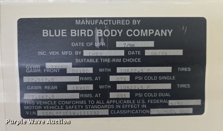 image for item DO7749 1999 Blue Bird  B7 school bus