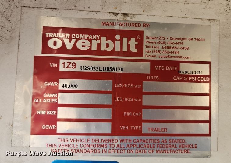 image for item DQ6393 2020 Overbilt tilt deck equipment trailer