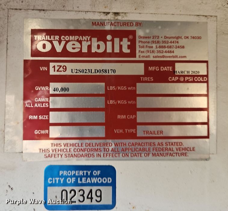 image for item DQ6393 2020 Overbilt tilt deck equipment trailer