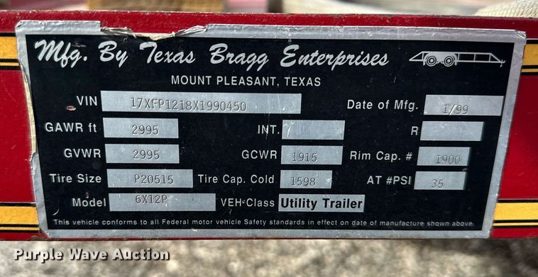 image for item DQ6605 1999 Texas Bragg Enterprise utility trailer