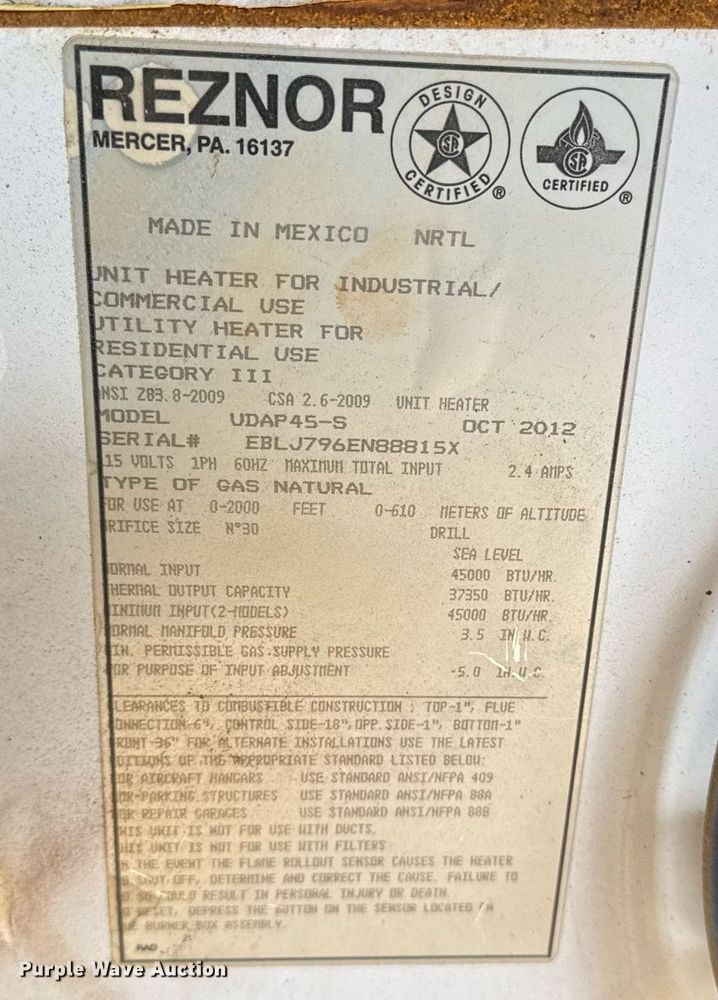 image for item EG8011 2012 Reznor UDAP45-S CNG heater